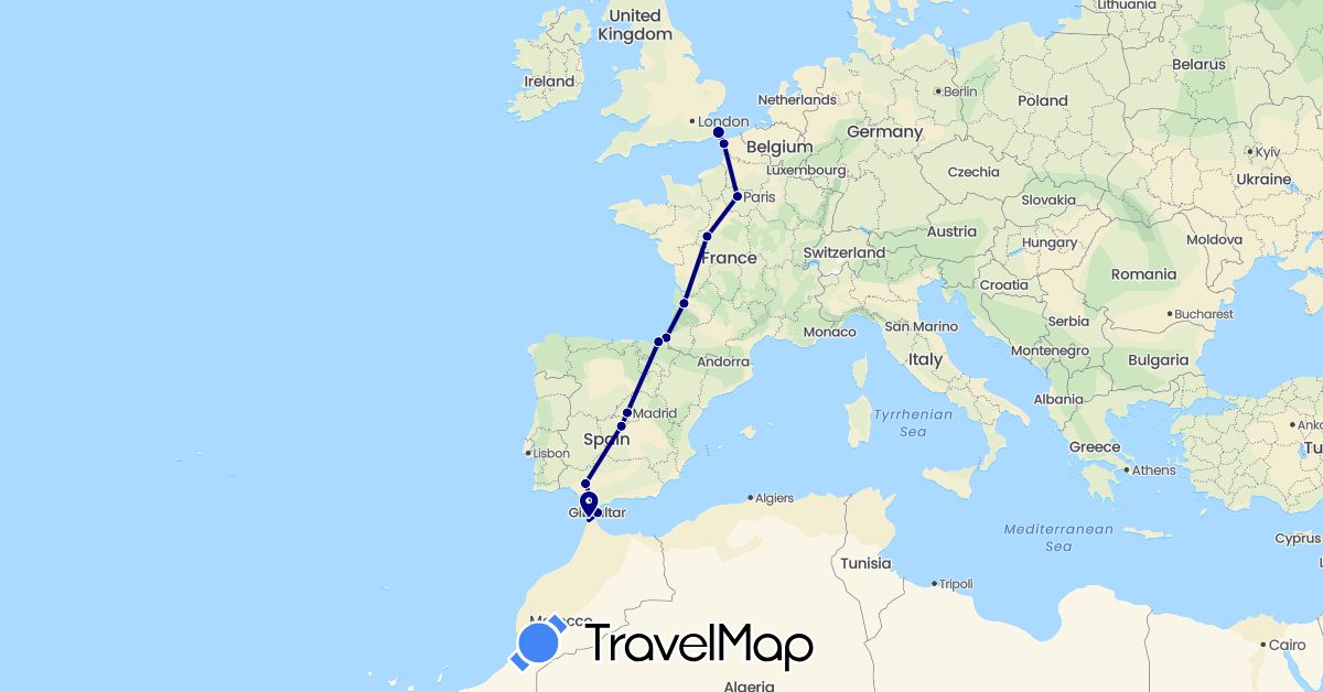 TravelMap itinerary: driving in Spain, France, United Kingdom, Gibraltar, Morocco (Africa, Europe)